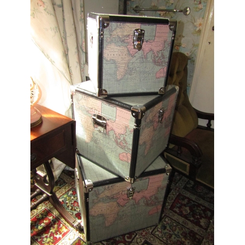 1487 - Three Canvas Clad Leather-bound Travel Trunks with Atlas Motif Decoration Chrome Plated Clasps and S... 