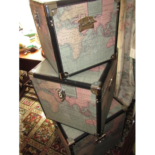 1487 - Three Canvas Clad Leather-bound Travel Trunks with Atlas Motif Decoration Chrome Plated Clasps and S... 