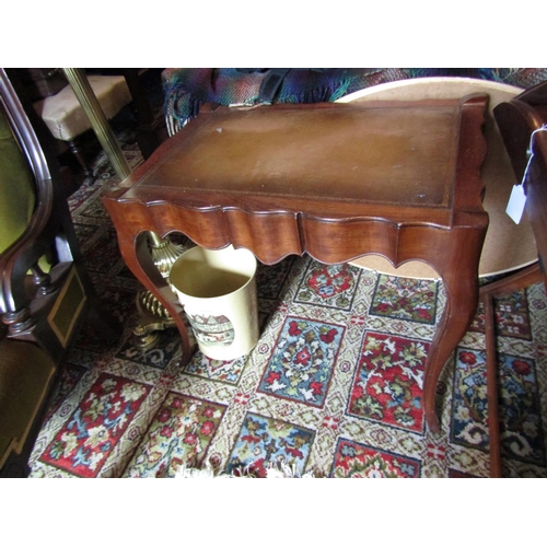 1489 - Antique Figured Mahogany Coffee Table or End Table with Inset Leather Top above Well Shaped Leather ... 