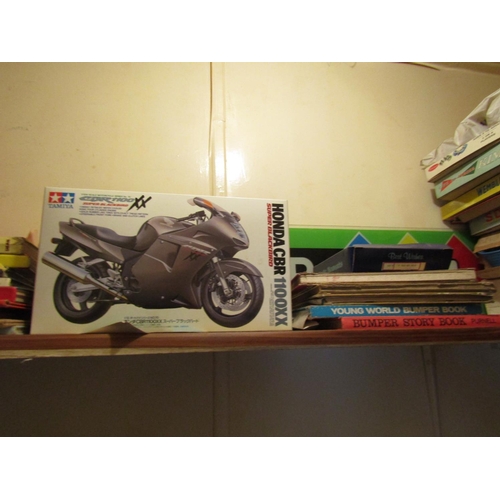 1492 - Shelf of Various Albums etc including Motor Cycle Model in Case