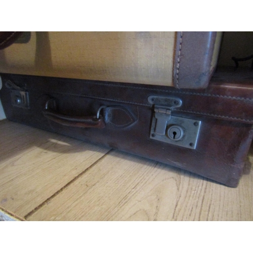 1493 - Two Leather-bound Vintage Travel Suitcases with  Leather Circular Form Cuff and Collar Box Three Ite... 