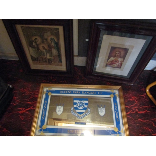 1505 - Two Framed Religious Prints and Gilt Framed Queens Park Rangers Decorated Mirror Three Items in Lot ... 