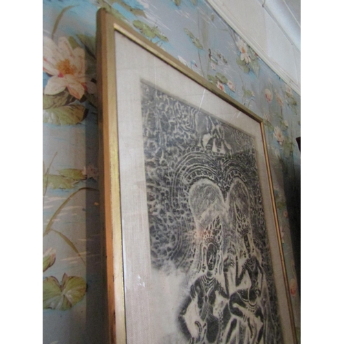 151 - Eastern Charcoal Drawing of Gods contained within Gilded Frame Approximately 34 Inches High x 22 Inc... 