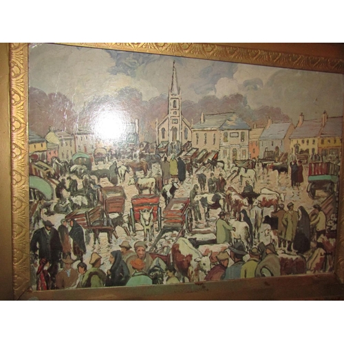 1511 - Letitia Marion Hamilton 1878-1964 Castlepollard Market Day Antique Lithograph Contained within Gilde... 