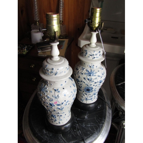 1538 - Pair of Blue and White Porcelain Vase Motif Table Lamps Electrified Each Approximately 20 Inches Hig... 