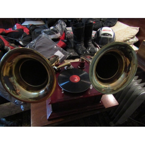 154 - Twin Brass Horn Gramophone with Old Record Working Order