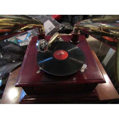 154 - Twin Brass Horn Gramophone with Old Record Working Order