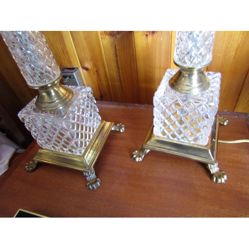 1541 - Pair of Cut Crystal Ormolu Mounted Table Lamps Electrified on Original Paw Motif Supports Each Appro... 