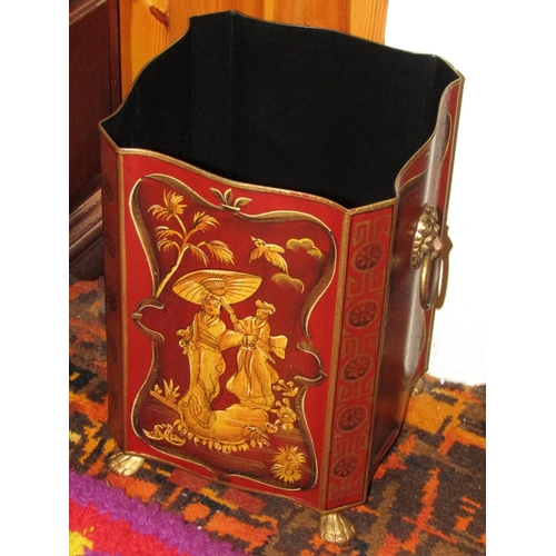 1550 - Toileware Gilt Decorated Red Ground Waste Paper Basket with Lion Motif Decoration above Gilded Paw S... 