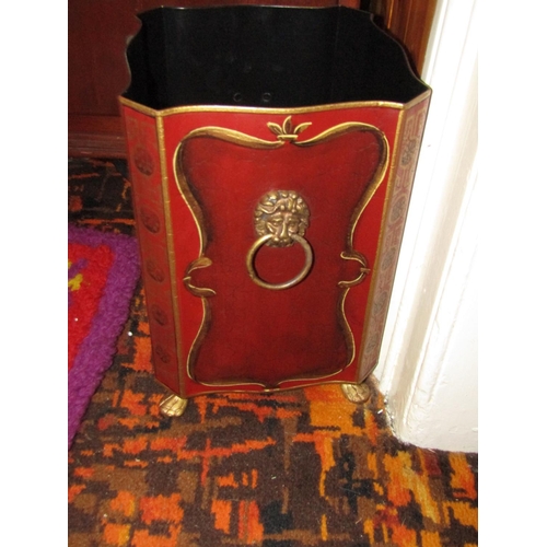 1550 - Toileware Gilt Decorated Red Ground Waste Paper Basket with Lion Motif Decoration above Gilded Paw S... 