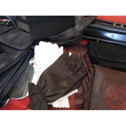 1554 - Collection of Various Leather Handbags and Gloves etc on Bed Quantity As Photographed