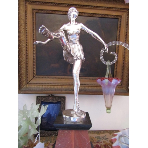 1566 - Art Deco Chrome Plated Bronze Dancer on Tapering Marble Base Approximately 26 Inches High