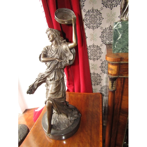 1572 - Dancing Figure Bronze with Tambourine on Circular Form Marble Base Signed with Monogram