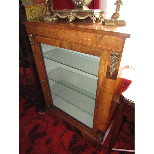 1574 - Victorian Figured Walnut Marquetry Decorated Ormolu Mounted Single Drawer Pier Cabinet Glass Shelves... 