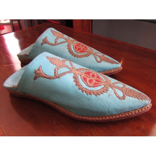 1575 - Pair of Leather Mules with Fine Needlework Decoration Good Original Condition