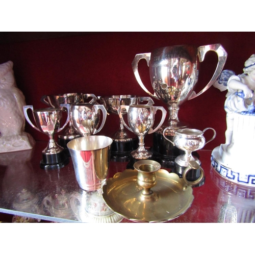 1585 - Collection of Various Silver Trophy Cups with Beaker and Brass Candle Rest Quantity As Photographed