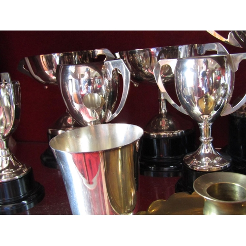 1585 - Collection of Various Silver Trophy Cups with Beaker and Brass Candle Rest Quantity As Photographed