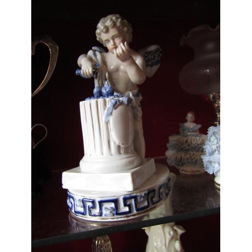 1586 - Antique Continental Porcelain Figure of Cherub with Classical Column Good Original Condition Makers ... 