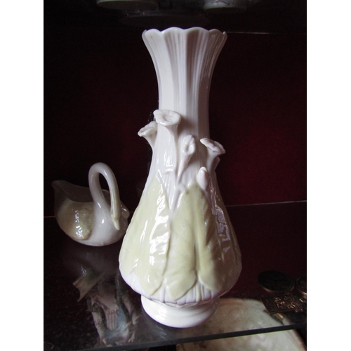 1590 - Belleek Shaped Form Vase Approximately 9 Inches High Green Mark