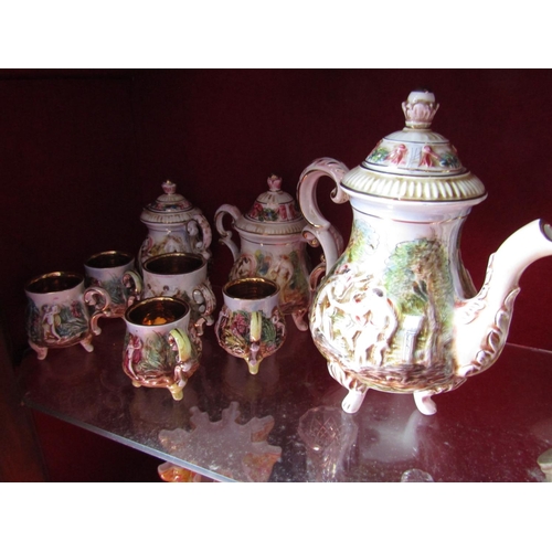 1595 - Capo Di Monte Porcelain Tea Set with Teapot, Sugar Bowl and Milk Jug. Teapot Approximately 9 Inches ... 