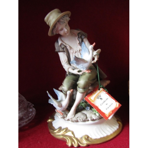 1597 - Capo Di Monte Porcelain Figure of Boy with Mallard Handpainted Approximately 8 Inches High with Make... 