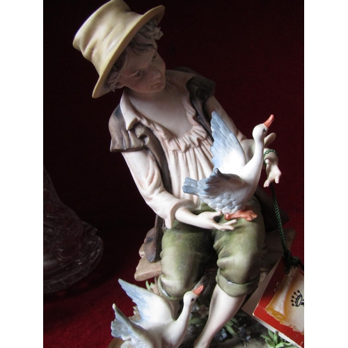 1597 - Capo Di Monte Porcelain Figure of Boy with Mallard Handpainted Approximately 8 Inches High with Make... 