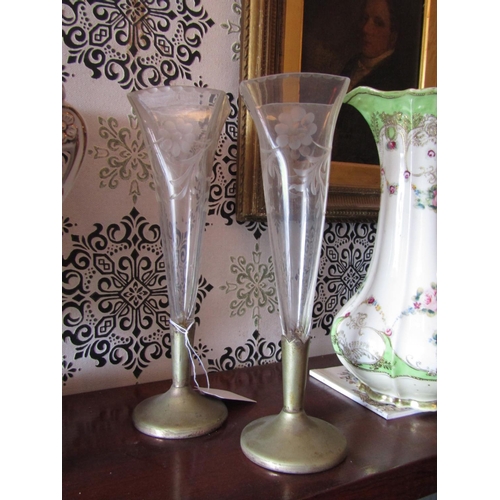 1601 - Pair of Antique Finely Engraved Crystal Stem Vases on Pedestal Bases Each Approximately 9 Inches Hig... 