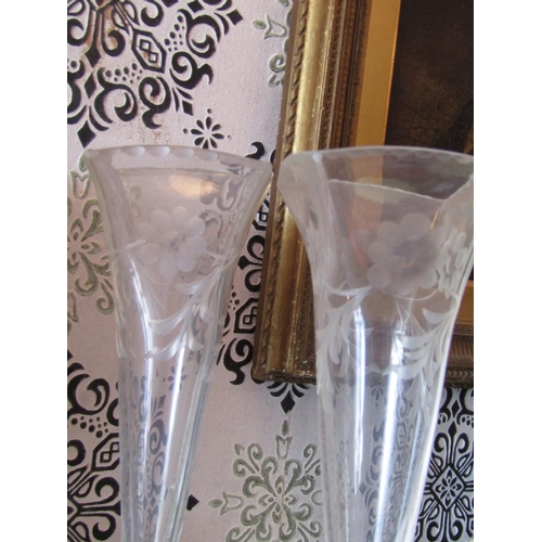 1601 - Pair of Antique Finely Engraved Crystal Stem Vases on Pedestal Bases Each Approximately 9 Inches Hig... 