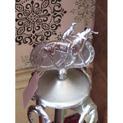 1605 - Vintage Chrome Plated Circular Form Coal Box with Cover and Silver Plated Equine Motif Fire Irons wi... 