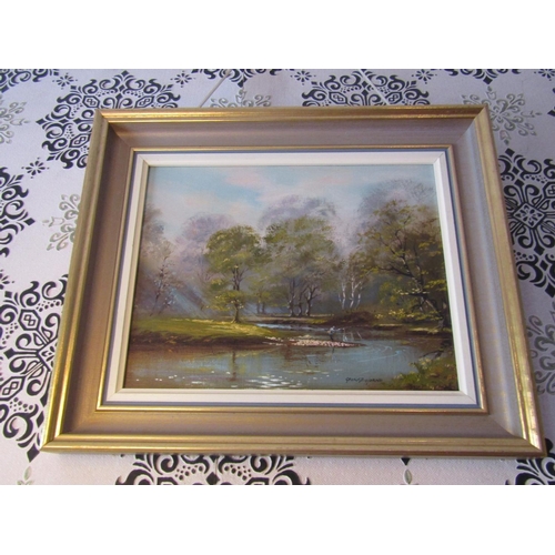 1608 - George Horne Angling Scene with Trees Beyond Oil on Canvas Approximately 16 Inches High x 18 Inches ... 