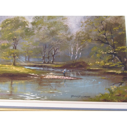 1608 - George Horne Angling Scene with Trees Beyond Oil on Canvas Approximately 16 Inches High x 18 Inches ... 