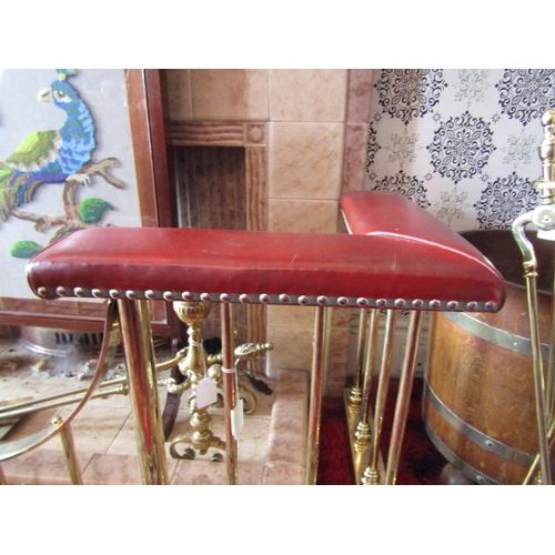 1621 - Cast Brass Rail Form Club Fender to fit 6ft Hearth with Deep Burgundy Leather Upholstered Side Ends ... 