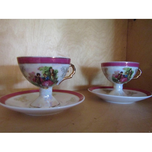 1626 - Set of Six Fine Bone Porcelain Cups and Saucers Each Decorated with Courting Scenes