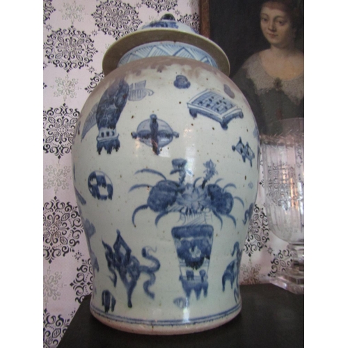 1629 - Pair of Oriental Blue and White Baluster Form Vases with Original Fo Dog Decorated Covers Each Appro... 