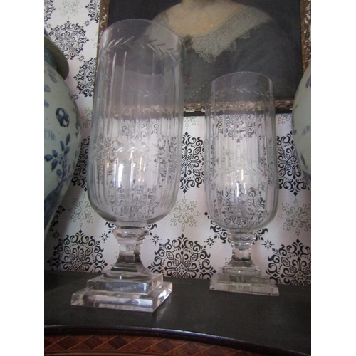 1630 - Pair of Cut Crystal Lantern Vases on Stepped Square Form Bases Each Approximately 14 Inches High