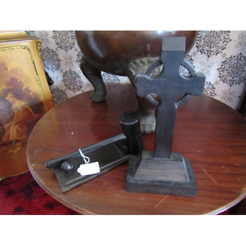 1639 - Irish Bog Oak Cross with Gavel and Rest Two Items in Lot Tallest Approximately 12 Inches High