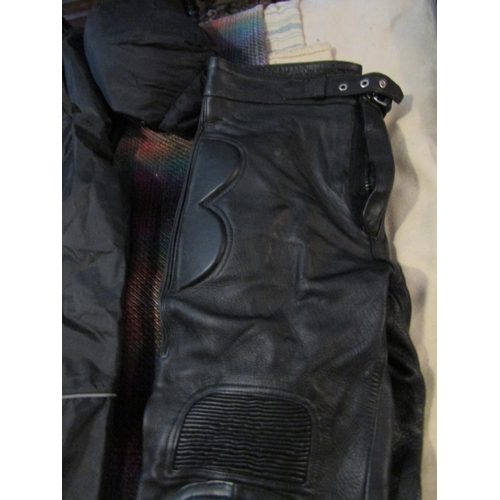 164 - Pair of Leather Motorcycle Trousers with Overtrousers and Another Four Items in Lot