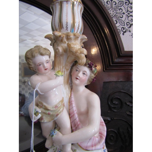 1660 - Meissen Porcelain Figural Candelabra Lady with Cherub Floral Motifs Approximately 12 Inches High