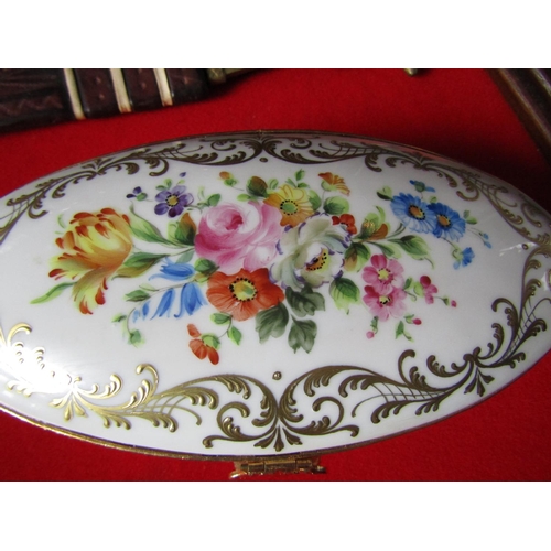 1665 - Antique Fine Porcelain Oval Form Box with Hinged Cover Ormolu Mounted Floral Detailing Handpainted w... 