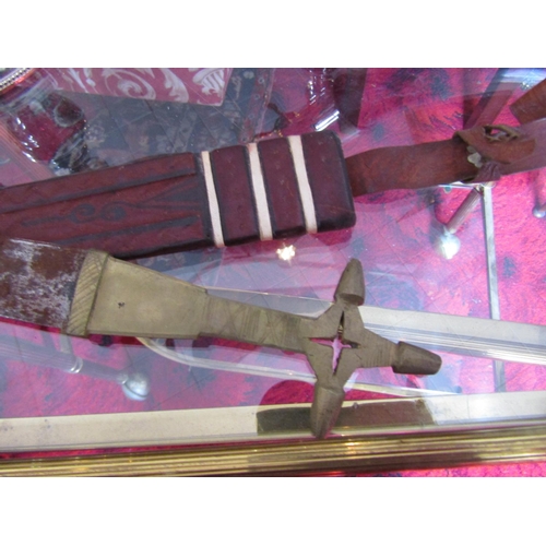 1666 - Antique Tribal Dagger Approximately 19 Inches Long with Leather Sheath