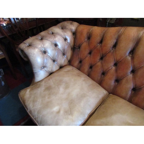 1682 - Leather Deep Button Upholstered Settee on Shaped Supports Approximately 7ft 7 Inches Wide