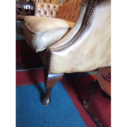 1682 - Leather Deep Button Upholstered Settee on Shaped Supports Approximately 7ft 7 Inches Wide