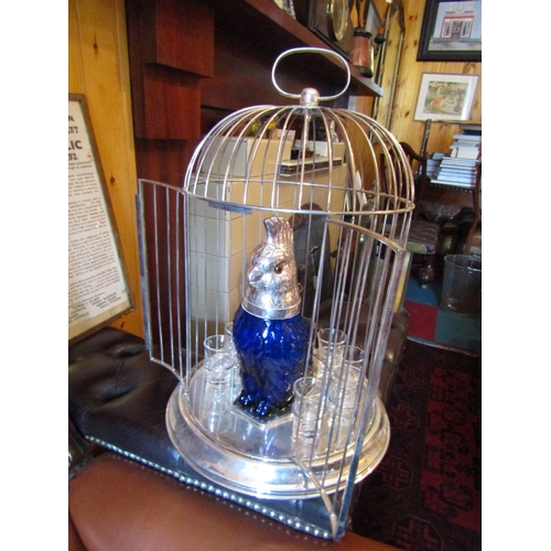 1683 - Silver Plated Parrot and Cage Motif Decanter Set Complete with Glasses Well Cased and Modelled Cage ... 