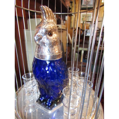 1683 - Silver Plated Parrot and Cage Motif Decanter Set Complete with Glasses Well Cased and Modelled Cage ... 