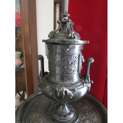 170 - Unusual Bronze Urn on Integral Tray Intricately Chased and Detailed Approximately 18 Inches High