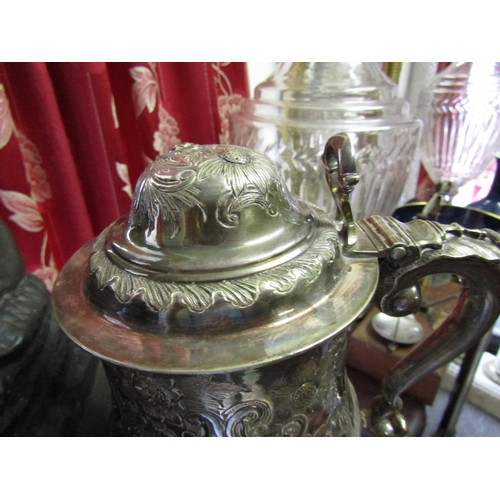 1707 - Antique Silver Plated Tankard Approximately 10 Inches High with Scroll Form Handle and Flip Top Lid ... 