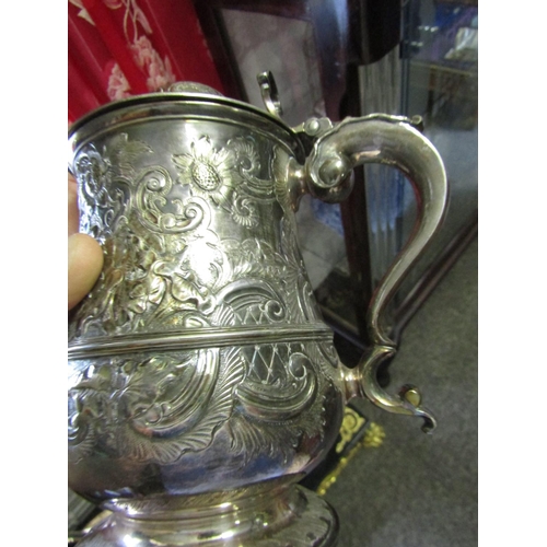 1707 - Antique Silver Plated Tankard Approximately 10 Inches High with Scroll Form Handle and Flip Top Lid ... 