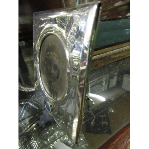 1711 - Antique Australian Solid Silver Photograph Frame with Inset Opal Approximately 5 Inches High