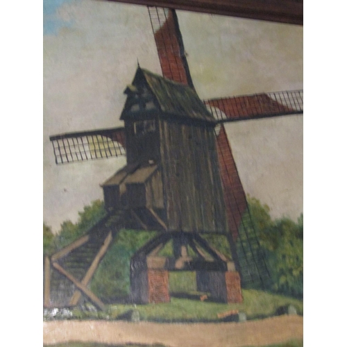 1712 - Antique School Windmill Summertime Oil on Canvas Approximately 34 Inches High x 26 Inches Wide