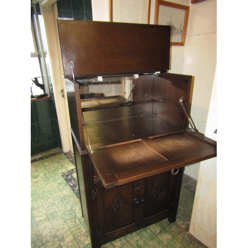 1721 - Carved Oak Cupboard with Fall Front above Single Long Drawers and Cupboard Doors Approximately 6ft 3... 